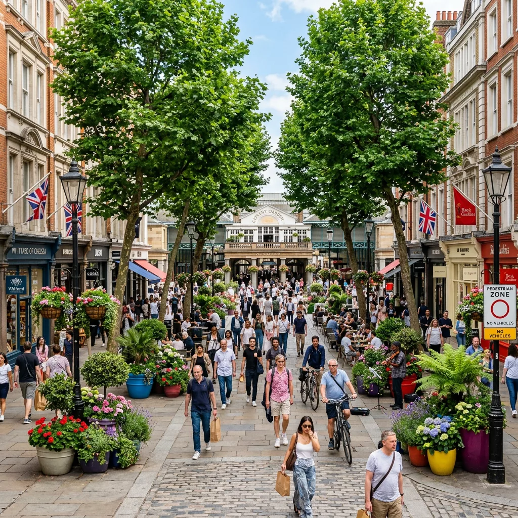 Crowded pedestrian shopping street in London with people walking and colorful flower pots
