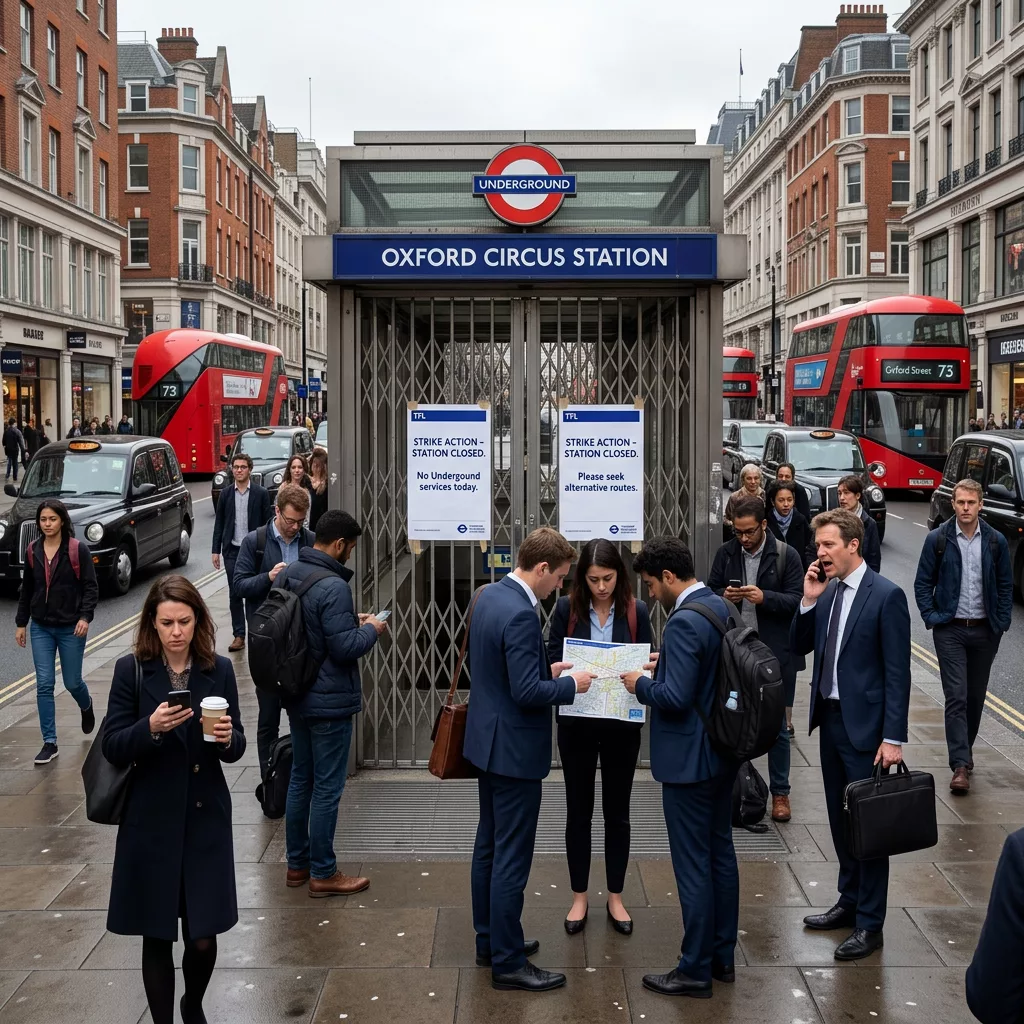Oxford Circus underground station entrance closed with strike signs and people looking at maps