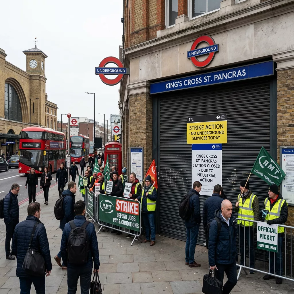 Picket line outside closed King's Cross St. Pancras station with strike signs and protesters